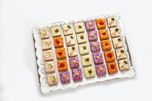 French Tartines Assorted Square with Spread: Fish - Liptauer - Tuna - Hummus - Salmon Goat Cheese $1,60/each